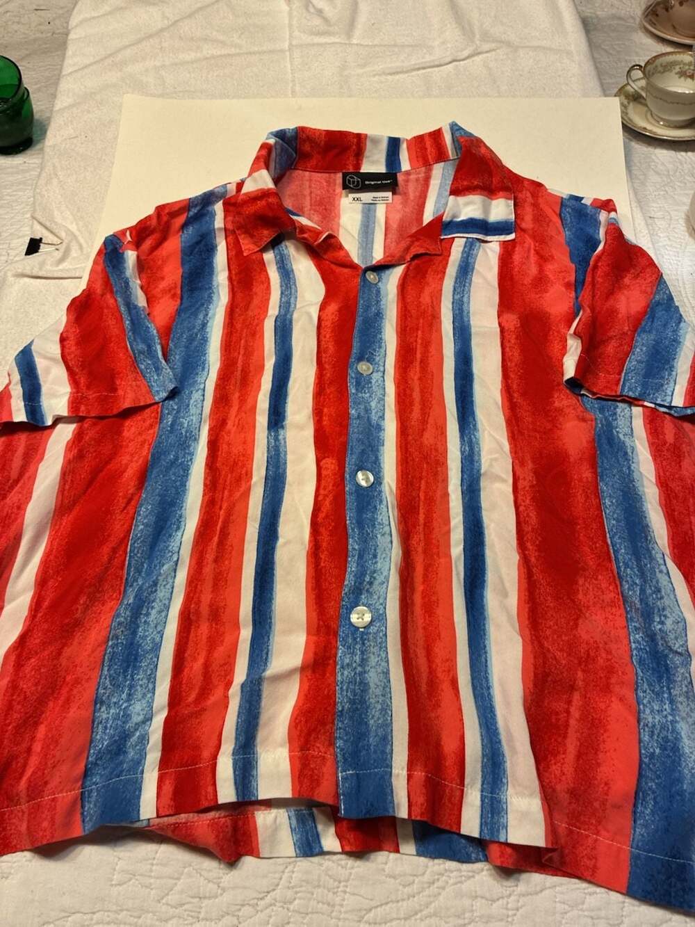 Original Use Men's Red White and Blue Vertical Striped Short Sleeve Button-Down
